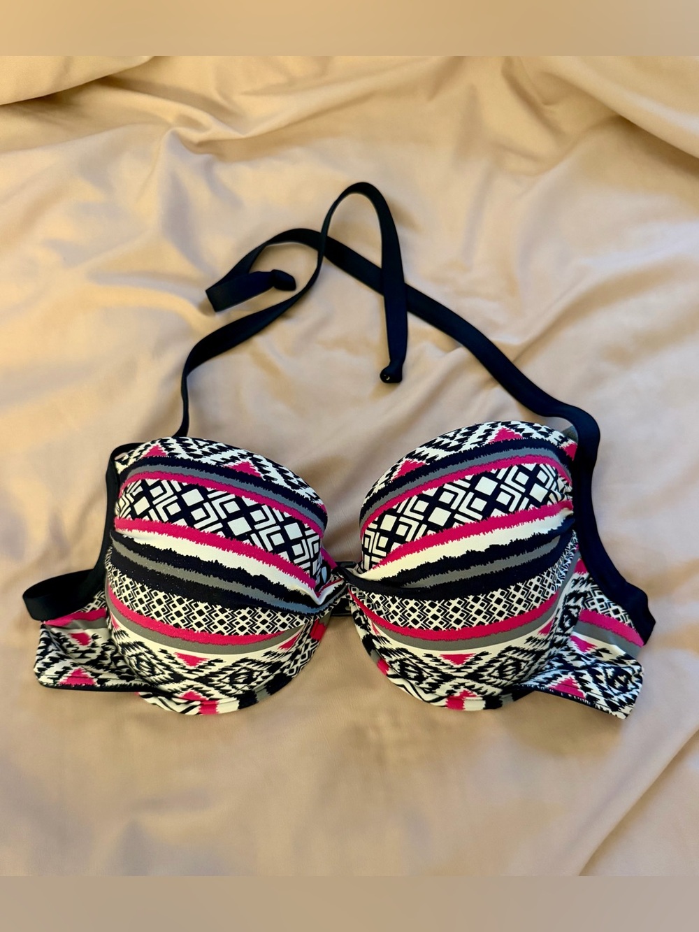 Striking Pink, Black & White Patterned Bikini Top - 36C